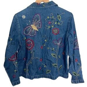 Vtg Womens Denim Jacket Shirt Petite Medium Floral Butterfly Embroidered Beaded